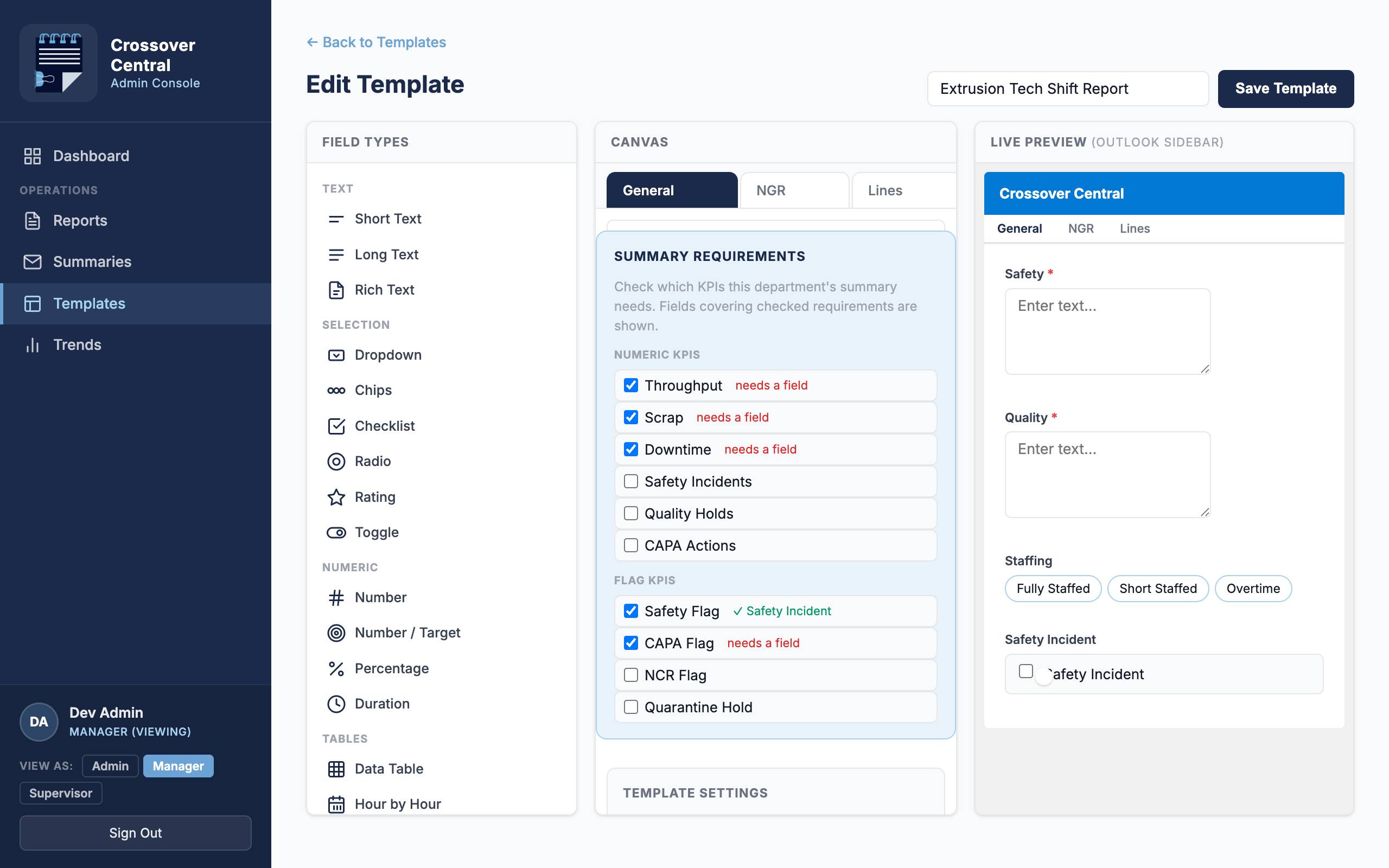 Three-panel template editor with field palette, canvas, and live Outlook sidebar preview